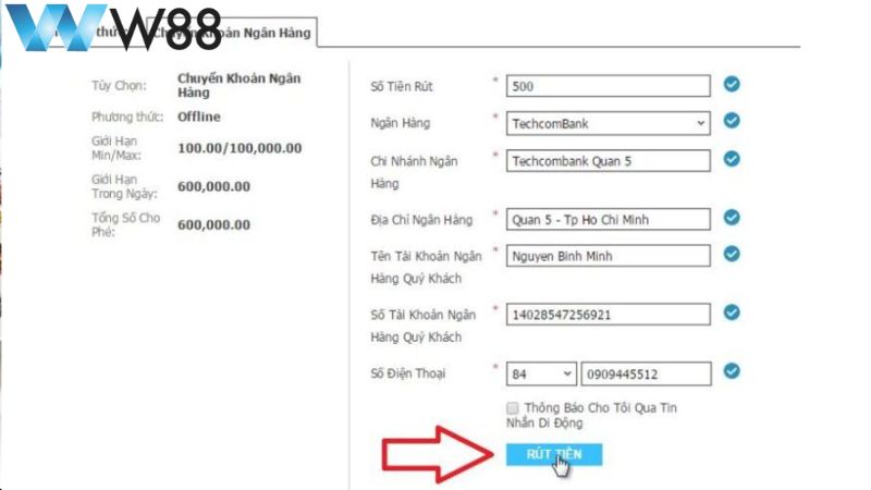 Cách rút tiền W88 qua ngân hàng chi tiết