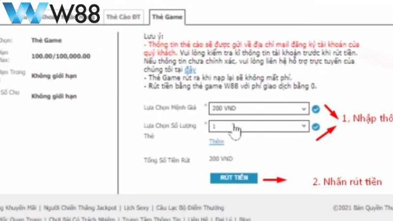 Cách rút tiền W88 qua thẻ game