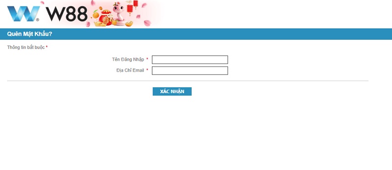 Điền thông tin để lấy mật khẩu W88