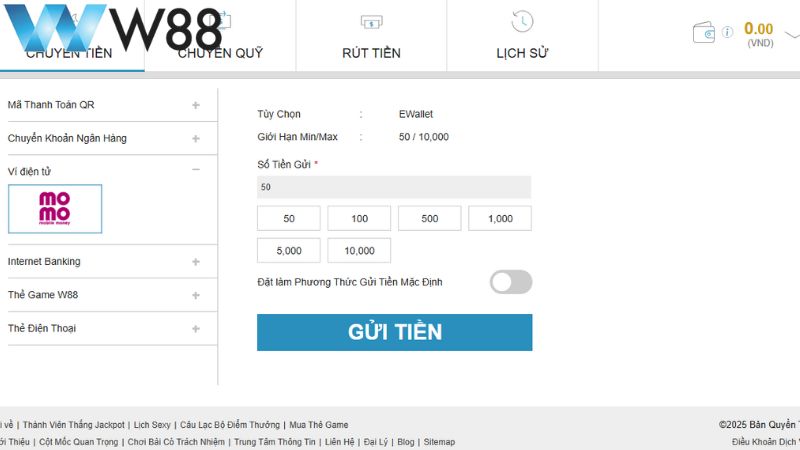 Cách nạp tiền W88 qua ví điện tử