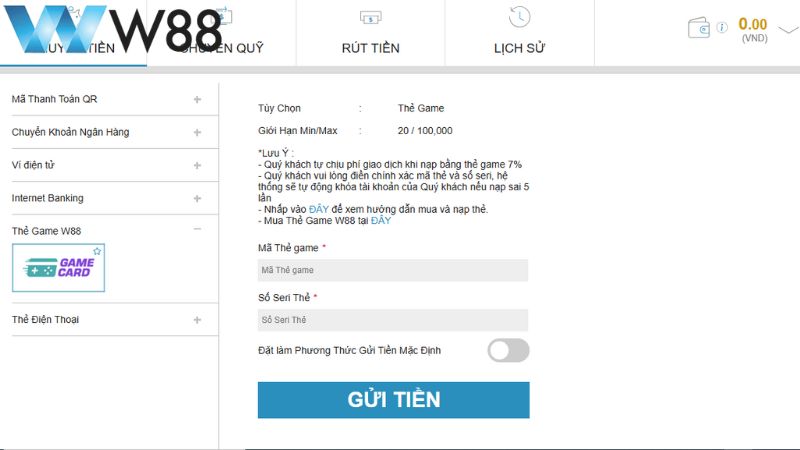 Gửi tiền W88 qua thẻ game