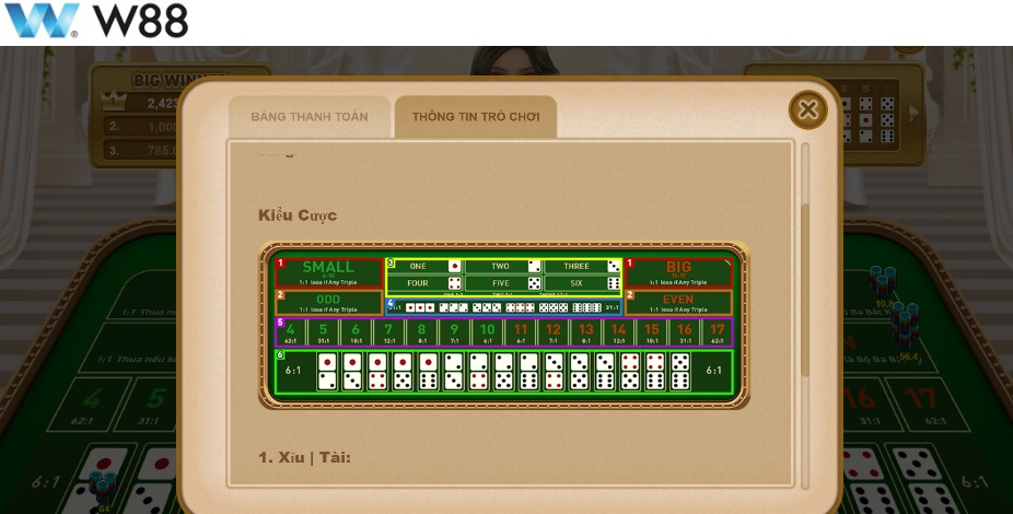 Các kiểu cược Sic Bo tại W88